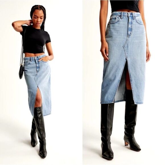 NEW Abercrombie & Fitch High Rise Denim Skirt size 14 Petite Light Wash Blue - Picture 1 of 11